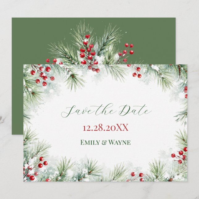 Winter Pine & Red Berry Wedding Save The Date (Front/Back)