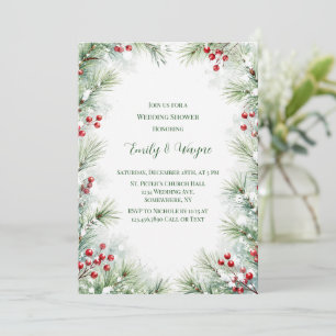 Winter Pine & Red Berry Wedding Shower Invitation