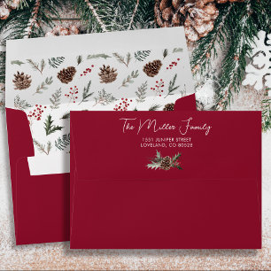 Winter Pine Red Christmas Card Return Address Envelope