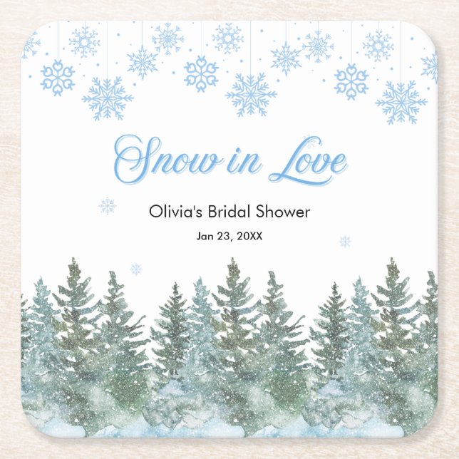 Winter Pine Snow in Love Snowflakes Bridal Shower Square Paper Coaster (Front)