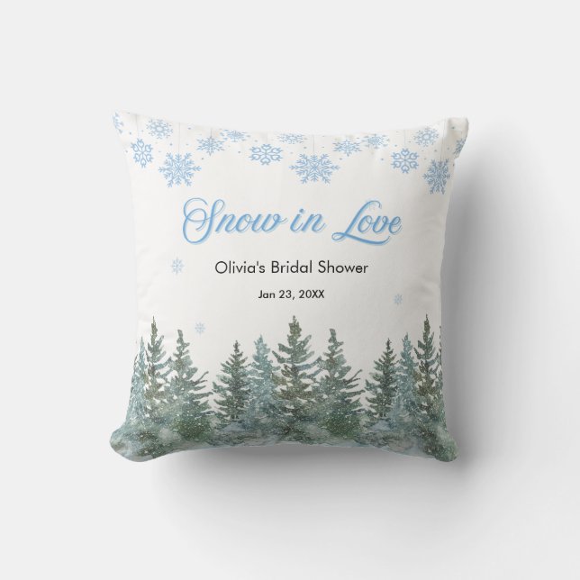 Winter Pine Snow in Love Snowflakes Bridal Shower Throw Pillow (Front)