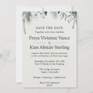 Winter Pine & Snowberry Evergreen Save the Date Invitation
