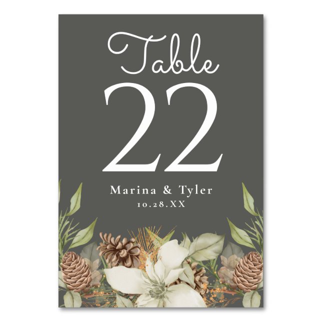 Winter Pine Stone Grey Wedding Table Number Cards (Back)
