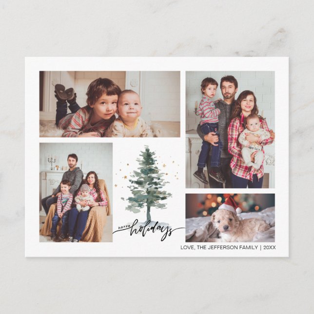Winter Pine Tree 4 Photo Collage Happy Holiday Postcard (Front)