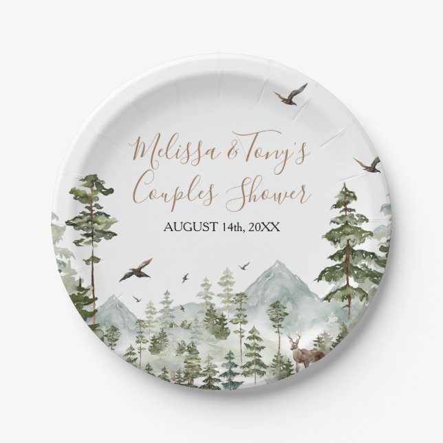 Winter Pine Tree Adventure Awaits Couple Shower Paper Plate (Front)