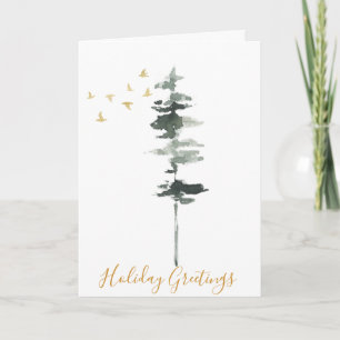Winter Pine Tree and Birds Watercolor Card
