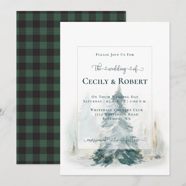 Winter Pine Tree and Buffalo Plaid Wedding Invitation (Front/Back)