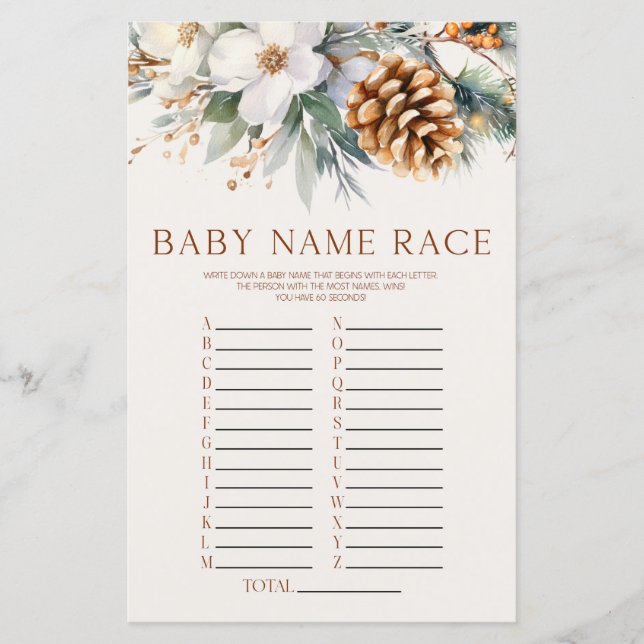 Winter Pine Tree Floral Name Race Baby Shower Game (Front)