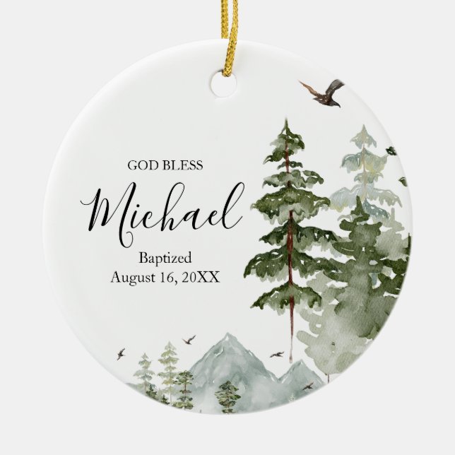 Winter Pine Tree Forest Baptism God Bless Ceramic Ornament (Front)