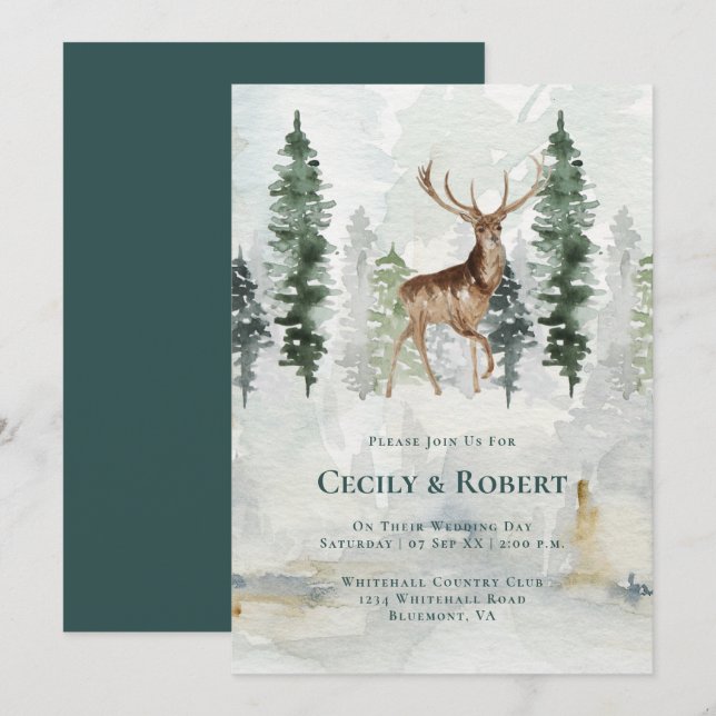Winter Pine Tree Forest Deer Antlers Wedding Invitation (Front/Back)