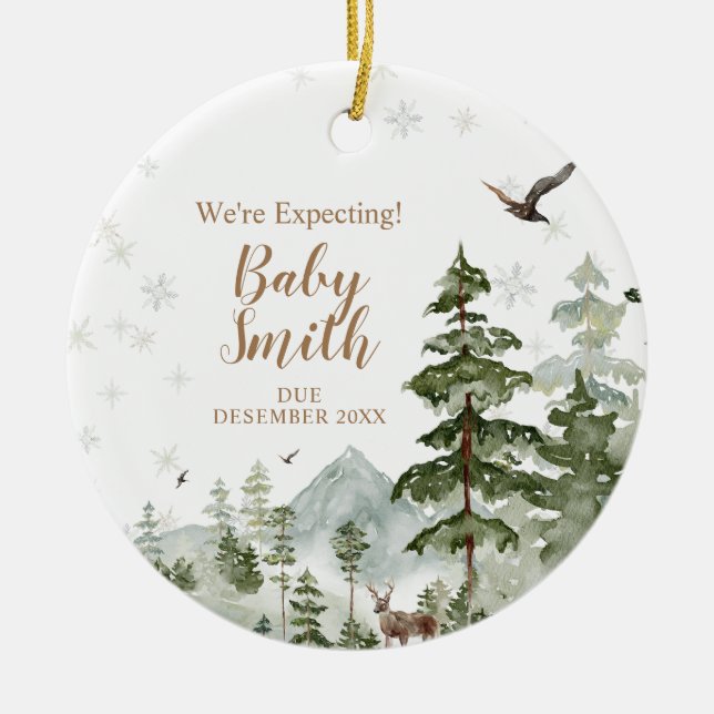 Winter Pine Tree Forest We're Expecting Parents Ceramic Ornament (Front)