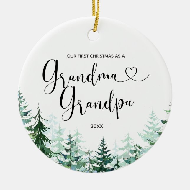 Winter Pine Tree Grandma & Grandpa First Christmas Ceramic Ornament (Front)