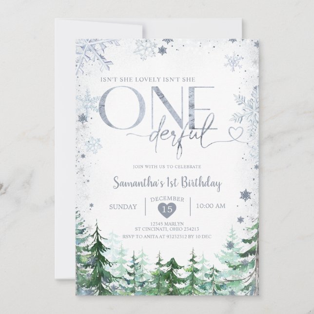 Winter Pine Tree Isn't She Onederful 1st Birthday Invitation (Front)