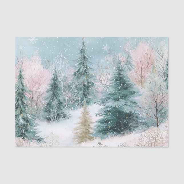 Winter Pine Tree Landscape Art with Pink & Gold Tissue Paper (Front)