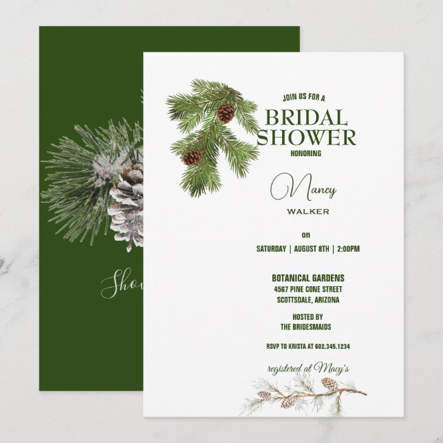 Winter Pine Tree & Pine Cones Bridal Shower Invitation (Front/Back)