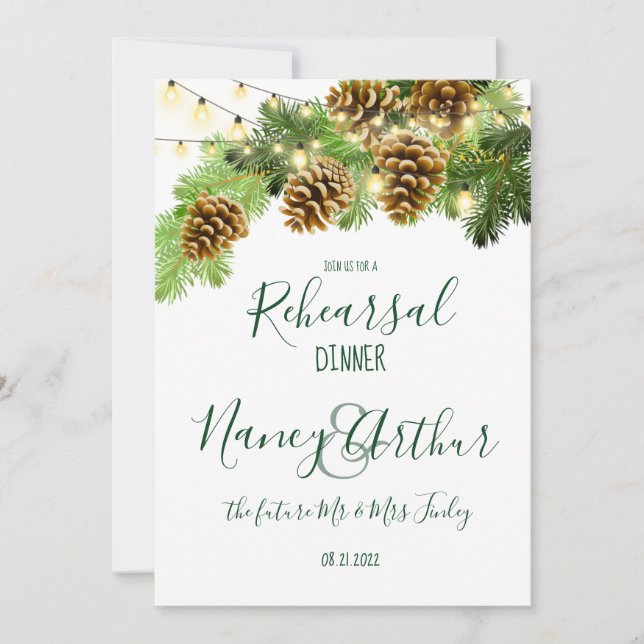 Winter Pine Tree & Pine Cones Rehearsal Dinner Invitation (Front)