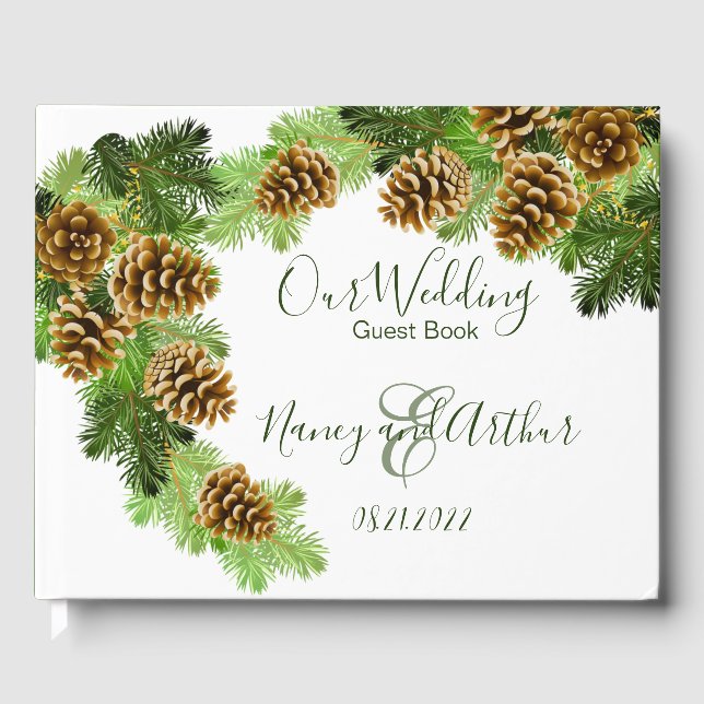 Winter Pine Tree & Pine Cones Wedding Guest Book (Front)