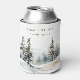 Winter Pine Tree Snow Landscape Watercolor Wedding Can Cooler