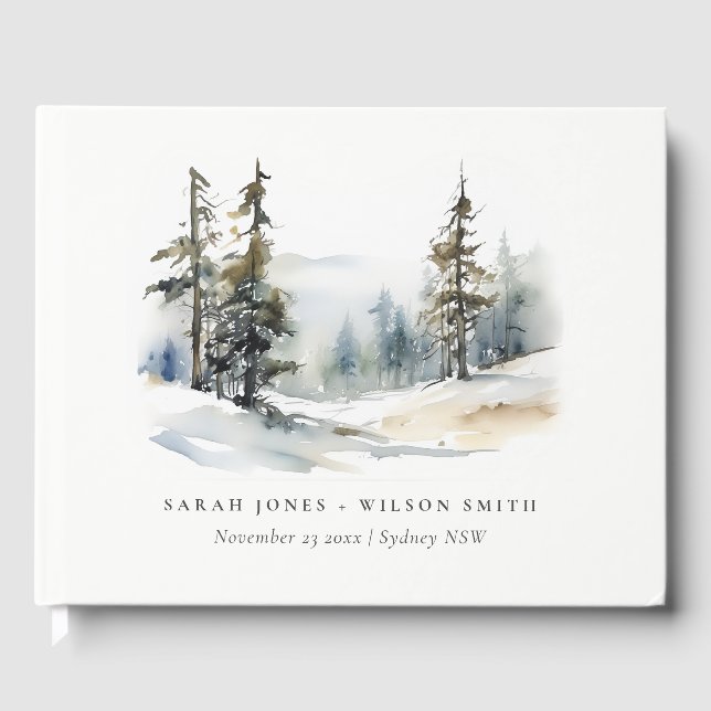 Winter Pine Tree Snow Landscape Watercolor Wedding Guest Book (Front)