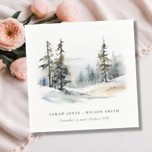 Winter Pine Tree Snow Landscape Watercolor Wedding Napkin