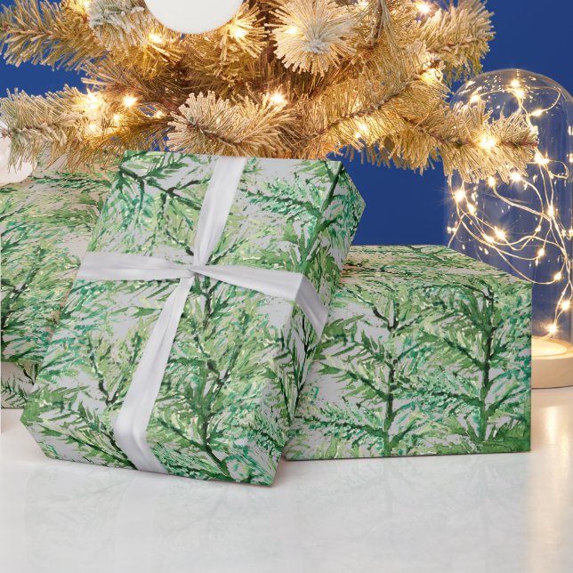 Winter Pine Tree Watercolor Hand-painted Wrapping Paper (Holidays)