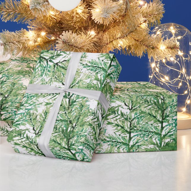 Winter Pine Tree Watercolor Hand-painted Wrapping Paper (Holidays)