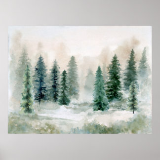 Winter Pine Tree Watercolor Landscape Poster