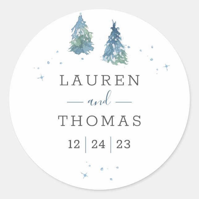 Winter Pine Tree Watercolor Wedding Classic Round Sticker (Front)