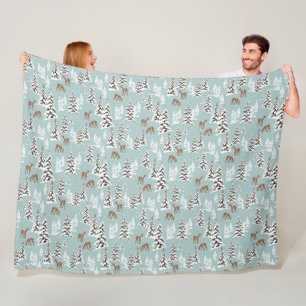 Winter Pine Trees and Cute Deer Fleece Blanket