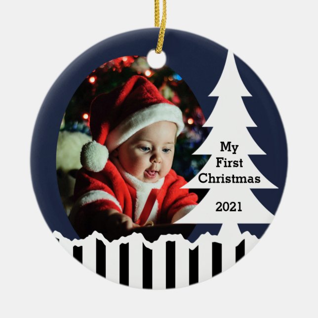 Winter Pine Trees and Stripes Photo Ceramic Ornament (Front)