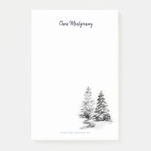 Winter Pine Trees Black White Elegant Hand-Drawn