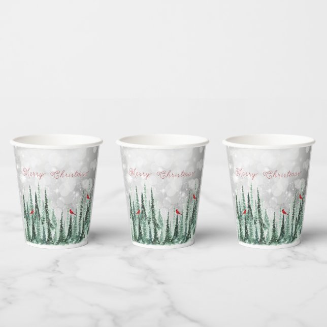 Winter Pine Trees Christmas Red Cardinals Paper Cups (Multi)