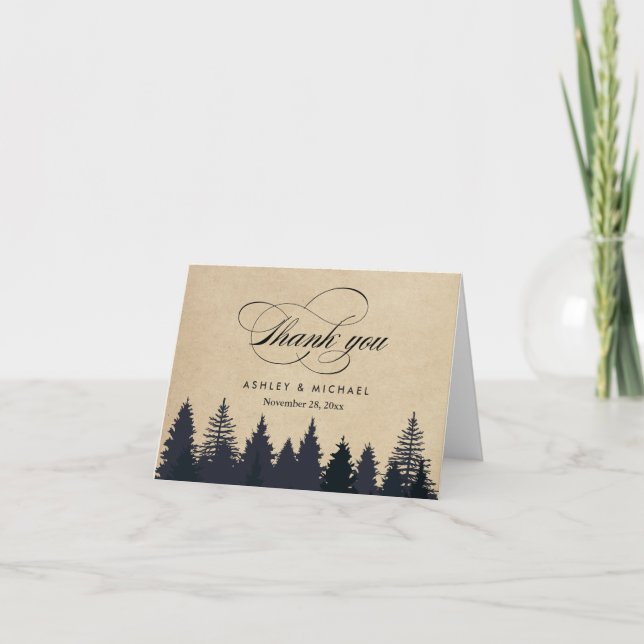 Winter Pine Trees Forest Script Kraft Thank You Card (Front)