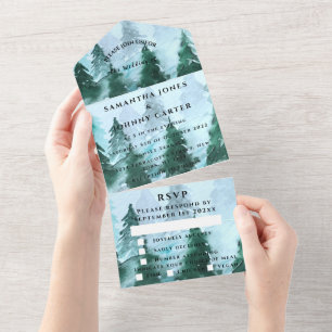 Winter Pine Trees Forest Snow RSVP Wedding  All In One Invitation
