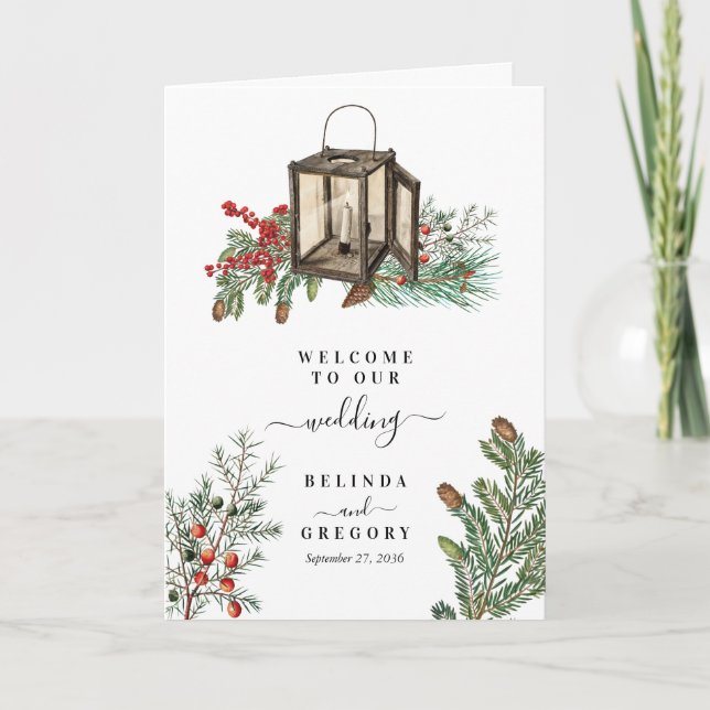 Winter Pine Trees Lantern Wedding Order of Service Program (Front)