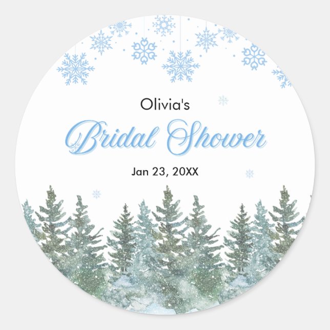 Winter Pine Trees Snowflakes Bridal Shower  Classic Round Sticker (Front)