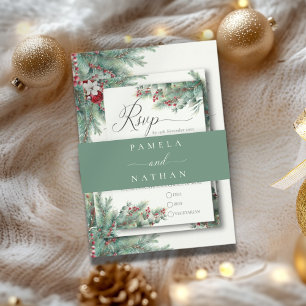 Winter Pine Watercolor Greenery Wedding Invitation Belly Band