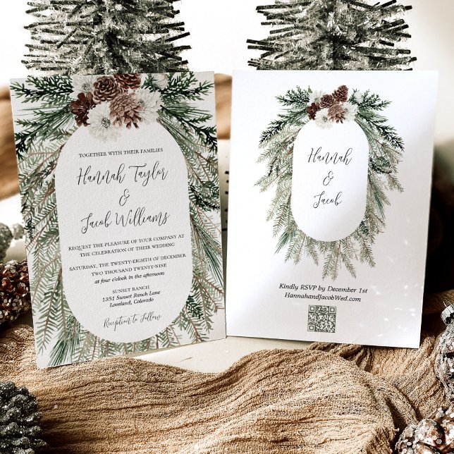 Winter Pine White Floral Wedding with QR Code RSVP Invitation (Creator Uploaded)