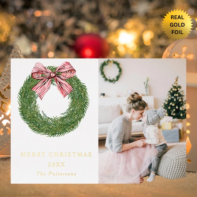 Winter Pine Wreath Stripes Red Bow Photo Christmas Foil Holiday Card (Creator Uploaded)