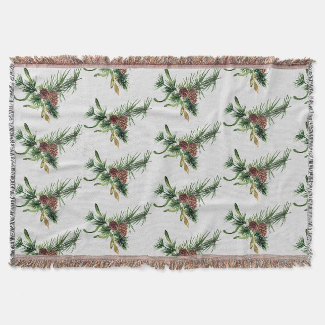 Winter Pinecone and Evergreen Branch Pattern Throw Blanket (Front)