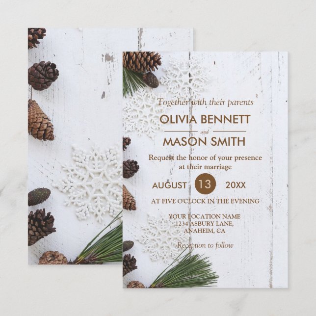 Winter Pinecone and Snowflakes Wedding Card (Front/Back)