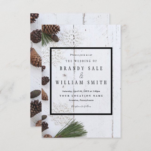Winter Pinecone and Snowflakes Wedding Card (Front/Back)