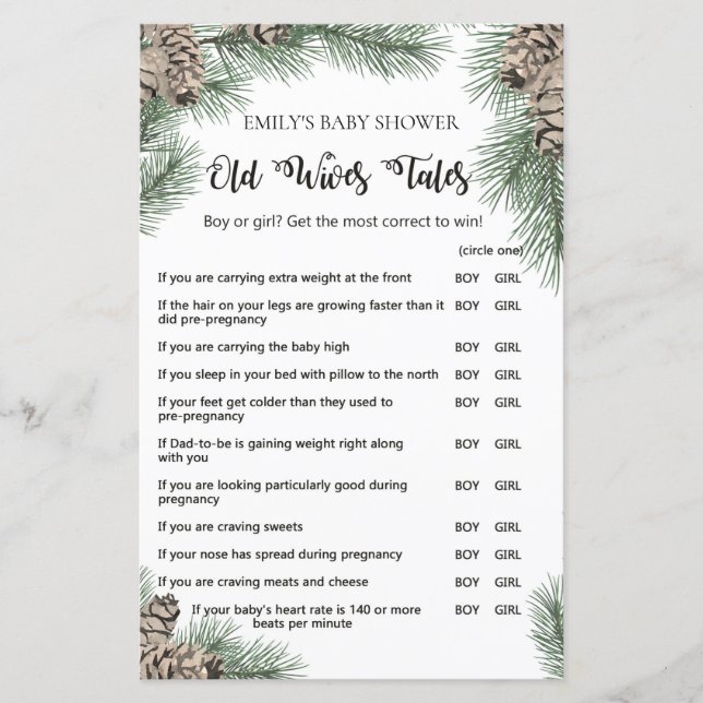 Winter Pinecone Baby Shower Game with Answer (Front)