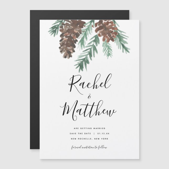 Winter Pinecone Watercolor Save The Date Magnetic Invitation (Front/Back)