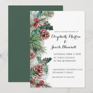 Winter Pinecones, and Holly Wedding Invitation