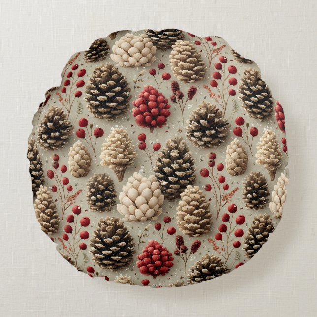 Winter Pinecones and Red Berries Round Pillow (Front)