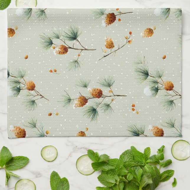 Winter Pinecones and Snowy Branches Kitchen Towel (Folded)