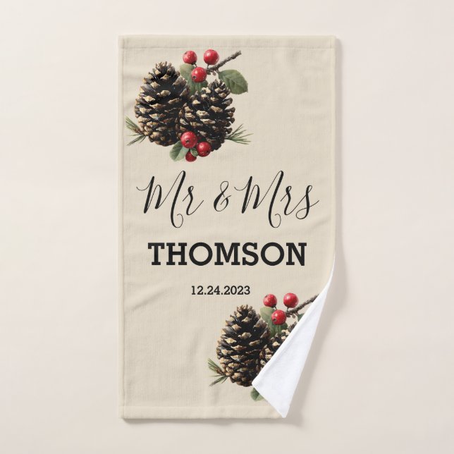 Winter Pinecones & Berries Family Throw Pillow Bath Towel Set (Hand Towel)