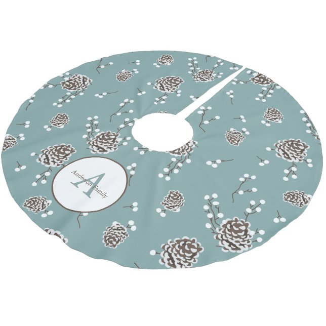 Winter Pinecones Family Monogram Personalized Brushed Polyester Tree Skirt (Angled)