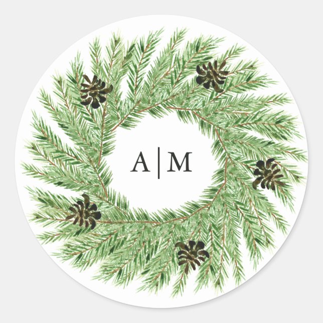 Winter Pines Wedding | Monogram Classic Round Sticker (Front)